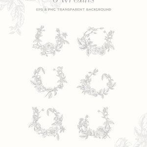 May include: Six black and white floral wreaths with a delicate, hand-drawn style. The wreaths are arranged in two rows of three, with the text "6 Wreaths" and "EPS & PNG TRANSPARENT BACKGROUND" above them. The text "BLUMEN SOUL" is at the bottom of the image.