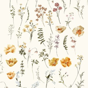 Puede incluir: Una colecci&oacute;n de ilustraciones de acuarela de varias flores y follaje, incluyendo flores amarillas, naranjas, rosas y blancas, y hojas verdes. Las ilustraciones est&aacute;n sobre un fondo blanco y el texto "BLUNENSOUL" est&aacute; en la parte inferior de la imagen.