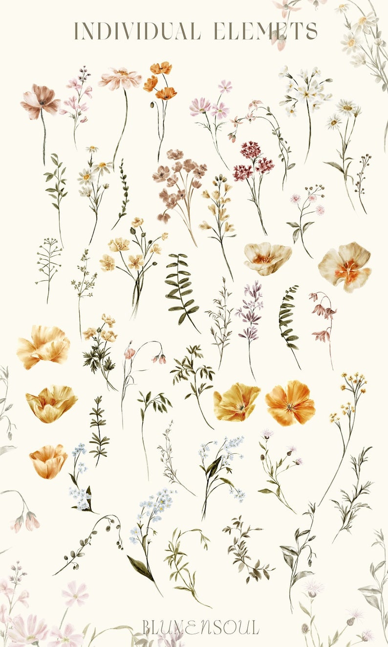 Puede incluir: Una colecci&oacute;n de ilustraciones de acuarela de varias flores y follaje, incluyendo flores amarillas, naranjas, rosas y blancas, y hojas verdes. Las ilustraciones est&aacute;n sobre un fondo blanco y el texto "BLUNENSOUL" est&aacute; en la parte inferior de la imagen.