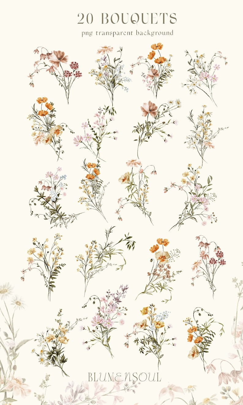 Puede incluir: Veinte ilustraciones de acuarela de ramos de flores en tonos naranja, amarillo, rosa y blanco. Las flores est&aacute;n dispuestas en una variedad de estilos y tama&ntilde;os, y el fondo es de color crema claro. El texto "20 BOUQUETS" y "png transparent background" est&aacute; en la parte superior de la imagen. El texto "BLUMENSOUL" est&aacute; en la parte inferior de la imagen.