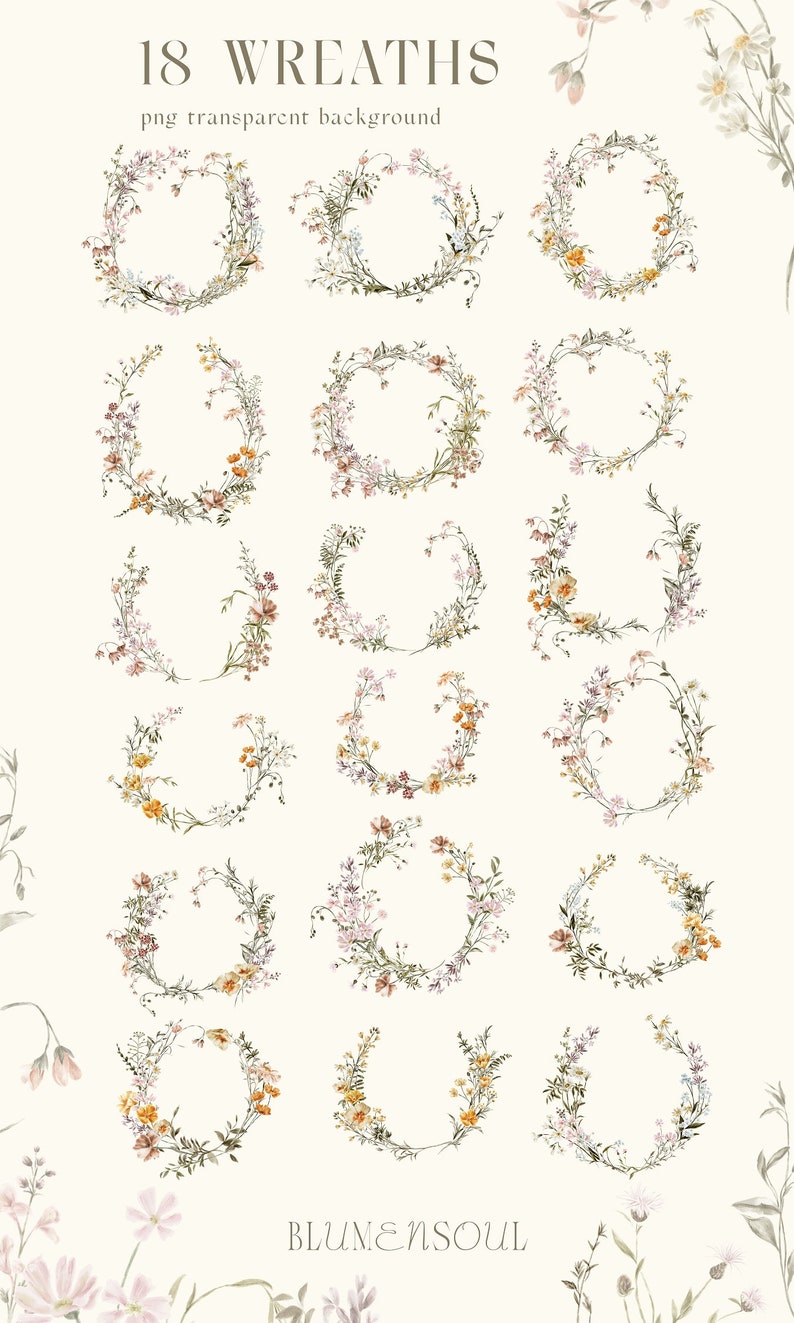 Puede incluir: Conjunto de 18 coronas florales de acuarela sobre un fondo blanco. Las coronas est&aacute;n hechas de varias flores y vegetaci&oacute;n en tonos de rosa, amarillo y verde. El texto "18 WREATHS" y "png transparent background" est&aacute; en la parte superior de la imagen. El texto "BLUMENSOUl" est&aacute; en la parte inferior de la imagen.