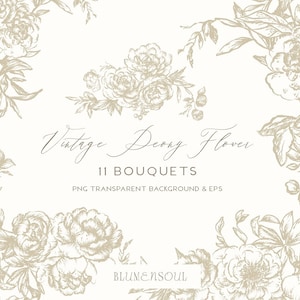 peony flower clipart line art vintage bouquets fine art botanical PNG EPS logo design elements hand drawn peonies floral wedding invitation