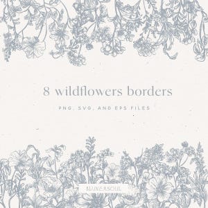 Peut inclure: Un ensemble de huit bordures florales dessinées à la main, mettant en scène de délicates fleurs sauvages dans une couleur bleu clair. Les bordures sont parfaites pour ajouter une touche de nature à vos créations. Les fichiers PNG, SVG et EPS sont inclus.