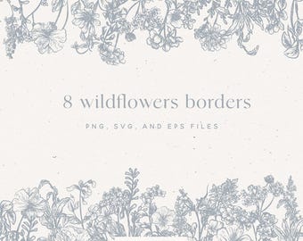 Könnte beinhalten: Ein Satz von acht handgezeichneten Blumenbordüren mit zarten Wildblumen in hellblau. Die Bordüren sind perfekt, um Ihren Designs einen Hauch von Natur zu verleihen. PNG-, SVG- und EPS-Dateien sind enthalten.