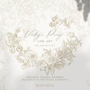 peony flower clipart line art vintage fine art botanical PNG EPS vector logo design elements hand drawn peonies floral wedding invitation