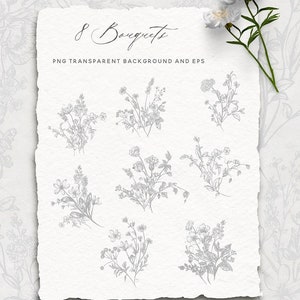 May include: Eight hand-drawn floral bouquets in gray on a white background. The text "8 Bouquets" and "PNG Transparent Background and EPS" is at the top of the image. The text "BLUMEN SOUL" is at the bottom of the image.
