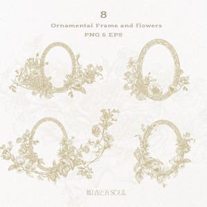 Può includere: Quattro cornici ovali ornamentali color seppia con composizioni floreali. Le cornici sono ornate da disegni dettagliati di fiori e foglie. Il testo recita "8 Ornamental Frame and flowers PNG & EPS" e "BLUMEN SOUL".