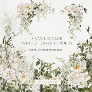 fleurs blanches aquarelles, bordures, faire-part de mariage, rose, pivoine, floral blanc, élément de mariage, ensemble de mariage bricolage