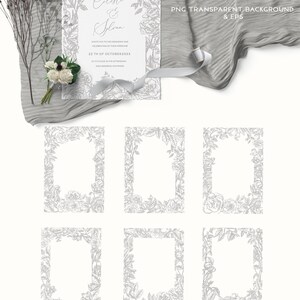 May include: Six floral borders in a gray and white color scheme. The borders are made of hand-drawn flowers and leaves. The text "6 Borders" and "PNG Transparent Background & EPS" is at the top of the image. The text "BLUMEN SOUL" is at the bottom of the image.