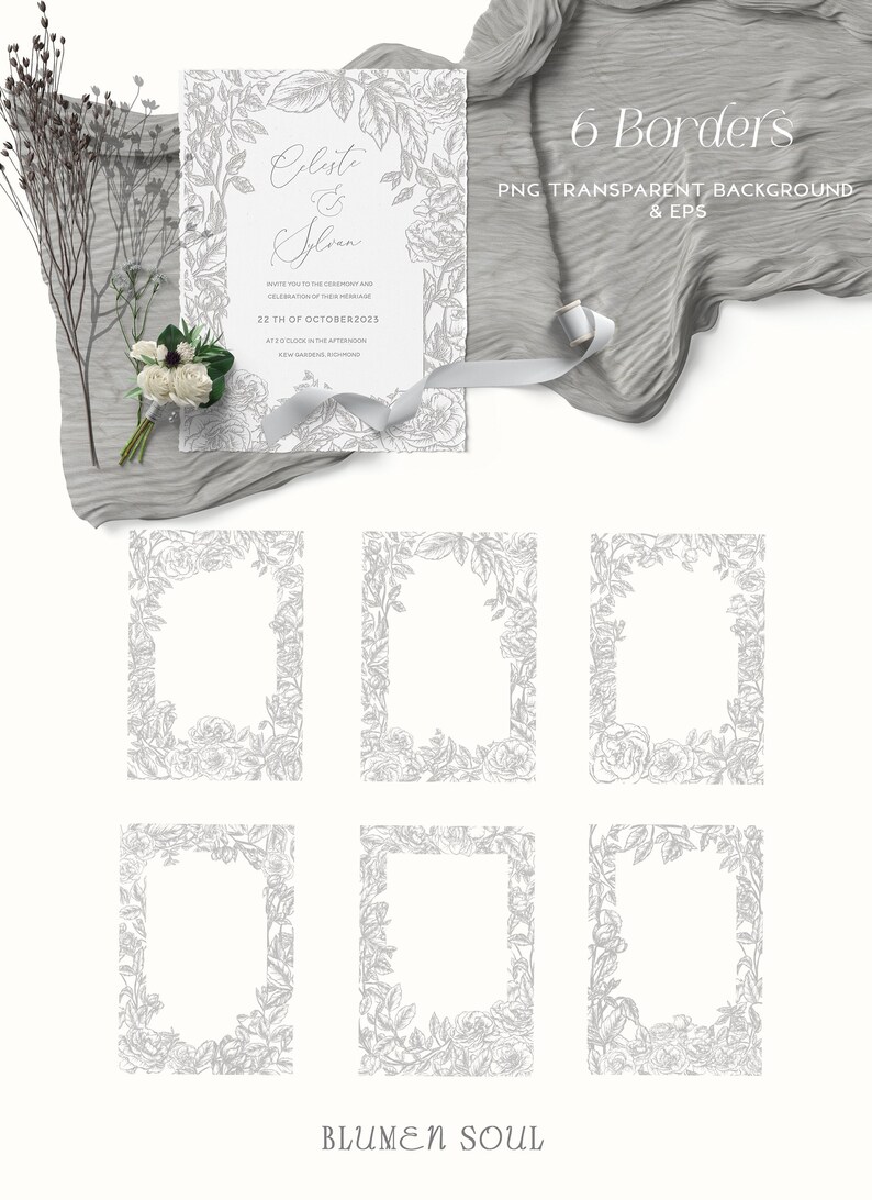 May include: Six floral borders in a gray and white color scheme. The borders are made of hand-drawn flowers and leaves. The text "6 Borders" and "PNG Transparent Background & EPS" is at the top of the image. The text "BLUMEN SOUL" is at the bottom of the image.