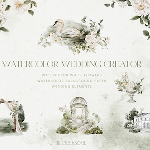 maker aquarel bruiloft en witte bloemen clipart, aquarel achtergrondpapier, aquareltextuur, zwaan, vogel, element huwelijksuitnodiging