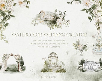 watercolor wedding creator and white flowers clipart, watercolor background paper,watercolor texture, swan, bird, wedding invitation element
