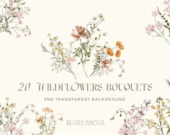 May include: A set of 20 watercolour wildflower bouquets with a transparent background. The bouquets feature pink, white, yellow, and orange flowers.