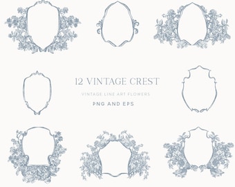 crest flowers, vintage line art flowers, vector EPS, botanical clipart, floral clipart, classic, decorative illustration, wedding invitation