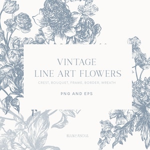 Może przedstawiać: Winietkowe ilustracje kwiatowe w stylu line art w kolorze niebieskim na białym tle. Tekst "VINTAGE LINE ART FLOWERS" znajduje się w środku obrazu. Tekst "CREST, BOUQUET, FRAME, BORDER, WREATH" znajduje się pod tytułem. Tekst "PNG AND EPS" znajduje się pod opisem. Tekst "BLUNENSOUL" znajduje się w prawym dolnym rogu obrazu.