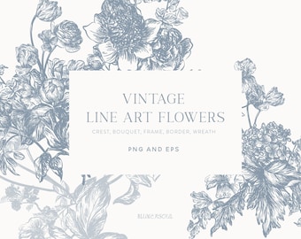 vintage line art flowers, vector EPS, botanical clipart, wreath, frame, border, logo element, victorian illustration, wedding invitation
