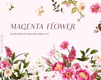 Ilustraciones de flores de acuarela magenta, clipart floral, clipart de boda, flor ruborizada, clipart de peonías rosas, clipart de flores pintadas a mano