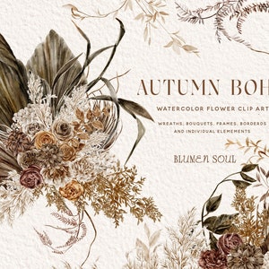 pampas clipart, boho flower, bohemian clipart, flower png, wreath frame border bouquet, commercial use, watercolor brown flower boho wedding
