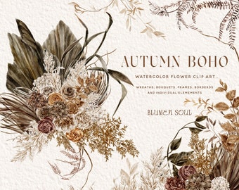 Imágenes prediseñadas de flores de la pampa, flores boho, imágenes prediseñadas boho, flor png, marco de corona, borde de ramo, uso comercial, acuarela de flores marrones para boda boho