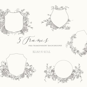 crest flowers clipart, pencil sketch flowers, png files commercial use, vintage florals,  wreath frames botanical logo wedding invitation
