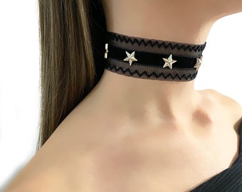 Tulle Choker Necklace - Tulle and Star Choker - Star Choker - Black Choker Necklace - Thick Choker Necklace - Bohemian and Gothic Choker