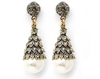 Pearl Dangle Earrings - Victorian Inspired Pearl Earrings with Crystal - Swarovski Brass Earrings - Anthracite Earrings - Pearl Earrings