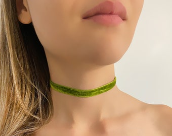 Green Velvet Choker Necklace - Velvet Choker - Khaki Green Choker Necklace - Thin Choker Necklace - Bohemian Choker - Gothic Choker