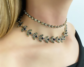 Gargantilla de latón en capas: collar de tenis vintage con diseño floral