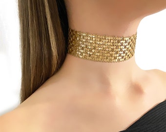 Collar de gargantilla de color dorado - Gargantilla hecha a mano de oro - Collar de gargantilla de oro grueso - Gargantilla nupcial - Collar de boda - Gargantilla de dama de honor