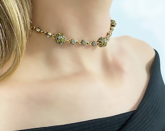 Gargantilla de latón con cristales de Swarovski: collar de tenis vintage dorado