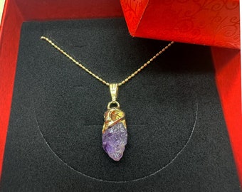 Valentine's Day Necklace with Amethyst Stone Pendant - Gold Plated Amethyst Stone Pendant Necklace - Amethyst Druzy Pendant - Valentine Day