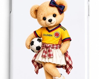 Funda para teléfono con diseño de osito de peluche de fútbol colombiano, funda adorable de fútbol colombiano, funda estética para teléfono del Mundial 2026, funda kawaii para iPhone con diseño de oso