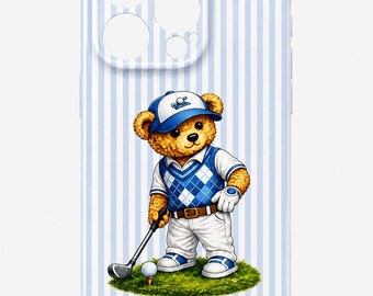 Funda para teléfono con osito de peluche de golf adorable, funda azul estética para iPhone y Samsung, funda para teléfono de golf estilo preppy, funda de oso kawaii de regalo