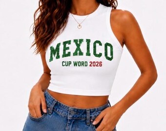 Mexico World Cup 2026 Glitter Crop Tank Top | Mexico Soccer Fan Shirt | Sparkly Game Day Crop Top