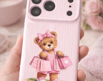 Funda para teléfono con diseño de osito de peluche rosa para ir de compras – Coquette Girly iPhone Samsung Protection