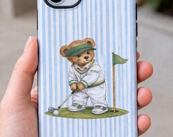 Funda para teléfono con diseño de osito de peluche y golf – Rayas azules estilo preppy, funda para iPhone y Samsung