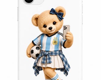 Funda para teléfono de osito de peluche de fútbol argentino, funda linda para chica futbolista, funda para teléfono de Argentina para el Mundial 2026, funda kawaii para iPhone de oso