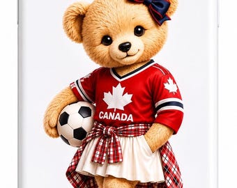 Funda para teléfono de osito de peluche de fútbol canadiense, linda funda de fútbol canadiense, funda para teléfono del Mundial 2026, funda kawaii de oso para iPhone, estética de chica futbolista
