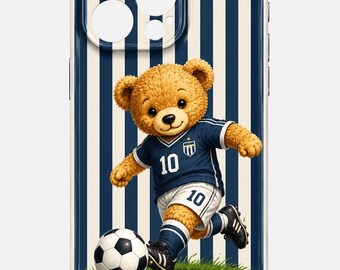 Funda para teléfono con diseño de osito de peluche de fútbol, funda deportiva azul marino para iPhone y Samsung, funda kawaii para teléfono con diseño de fútbol, regalo estético.