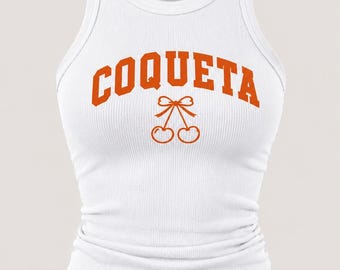 Camiseta sin mangas acanalada Coqueta – Estampado de lazo de cereza, ajuste elástico