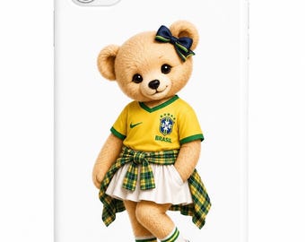 Funda para teléfono de osito de peluche de Brasil para niña futbolista / Funda para iPhone de fanática de Brasil / Funda con diseño de osito de peluche del Mundial 2026 / Regalo de fútbol de Brasil