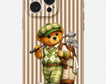 Funda para móvil con diseño de osito de peluche de golf, funda beige a rayas para iPhone y Samsung, funda Coquette Golf, funda deportiva Kawaii, regalo para amantes del golf.