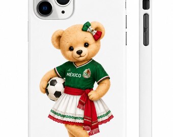 Funda para teléfono de osito de peluche de fútbol de México, linda funda para el Mundial 2026, funda para iPhone de oso mexicano, funda para chica fanática del fútbol, funda para teléfono Kawaii de México
