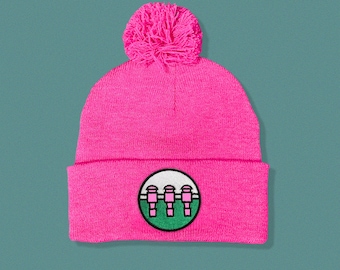 Three Rod Barrage Embroidered Pink Pom Pom Beanie