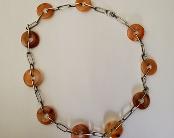 Donut Lifesaver disc orange sterling silver link necklace 18"