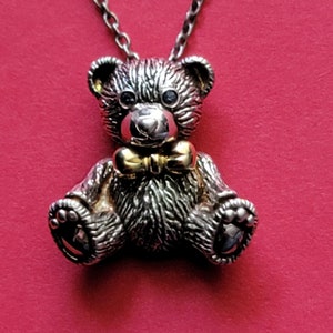 Silver Bear Necklace gold bow tie blue gem eyes 2000 7.2grams