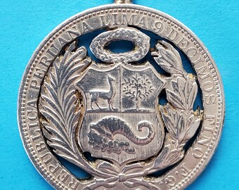 1916 Peru South America 1 SOL Antique BIG Original Silver Peruvian Coin Art