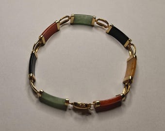Vintage 14K Yellow Gold Multi-Color Jade Link 585 NH Size 7.25 Inch Bracelet