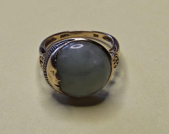 14K Jadeite Moon Phase Asian Motif 585 Gold Ring 5.3 Gram Size 7