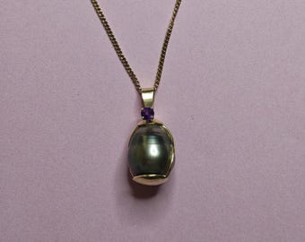 14K Tahitian Pearl Amethyst 585 Gold Pendant 6.9 Gram 18 Inch Chain